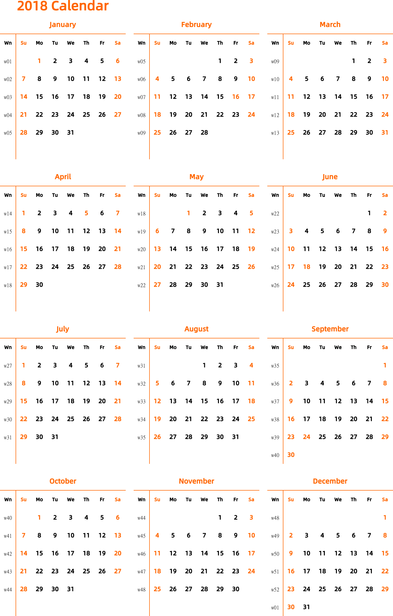 日历表2018年日历 英文版 纵向排版 周日开始 带周数 带节假日调休安排